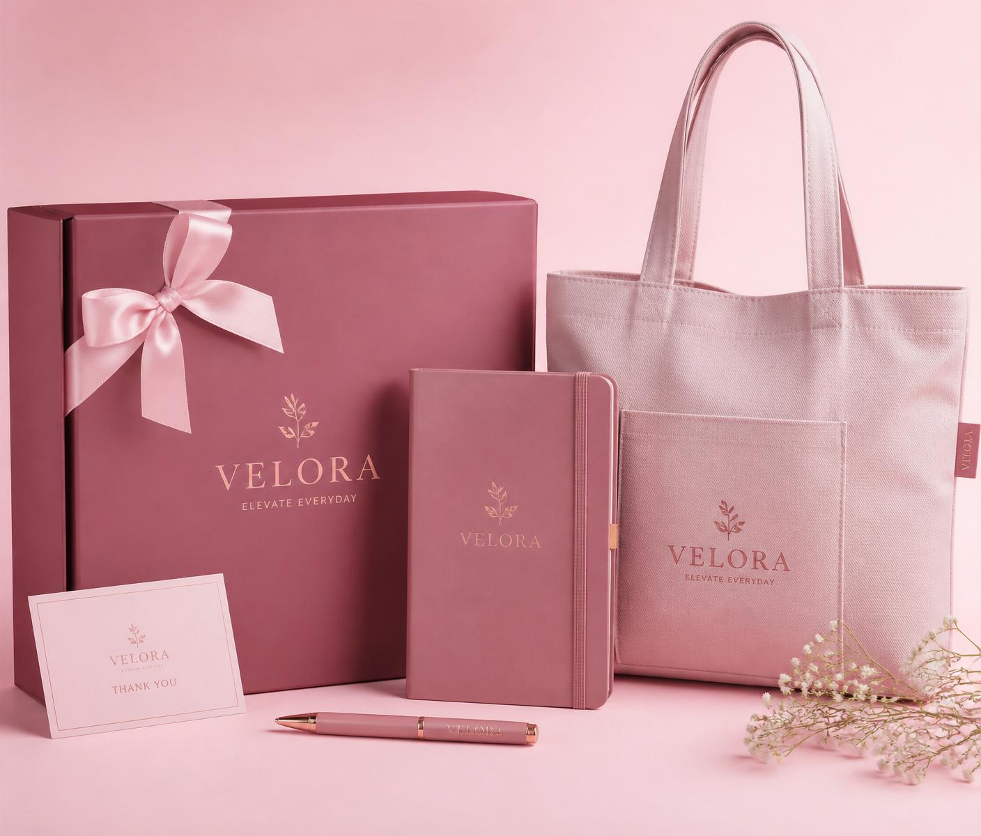 Kit corporativo H2 Mimos com caixa rosa, caderno, caneta e tote bag personalizados